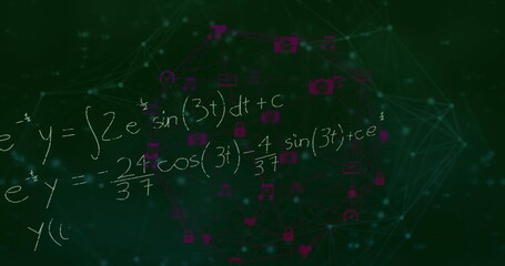 Image of network of connections with icons over mathematical equations on black background