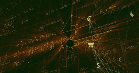 Image of network of connections with icons over mathematical equations on black background