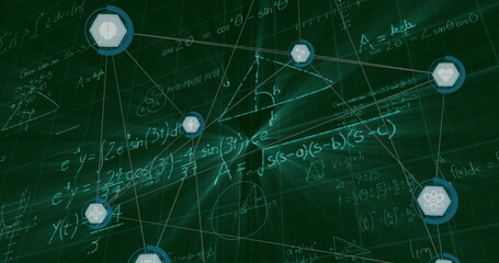 Image of network of connections with icons over mathematical equations on black background