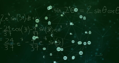 Image of network of connections with icons over mathematical equations on black background