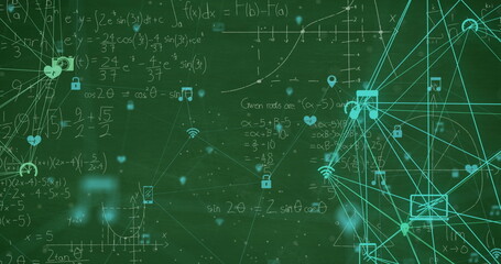 Image of network of connections with icons over mathematical equations on green background