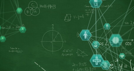Image of network of connections with icons over mathematical equations on green background