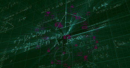 Image of network of connections with icons over mathematical equations on black background