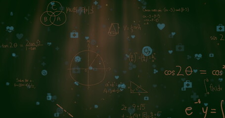Image of icons over mathematical equations on black background