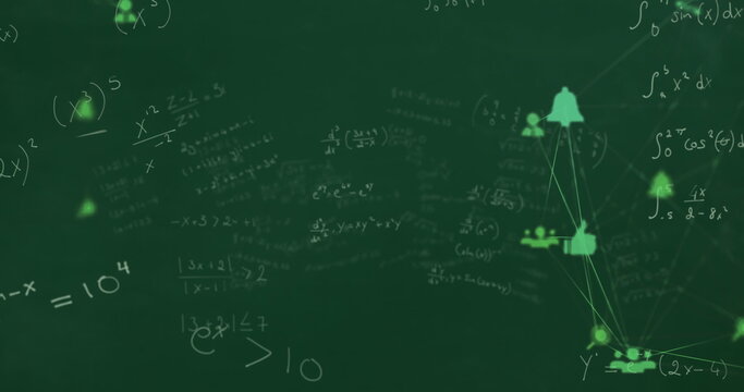Image of network of connections with icons over mathematical equations on green background