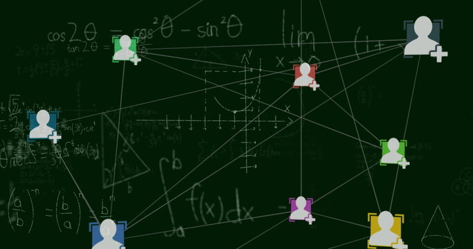 Image of network of connections with icons over mathematical equations on black background