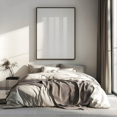 Mockup of a picture frame with white space in the bedroom.