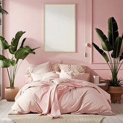 Mockup of a picture frame in a pink bedroom.