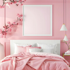 Mockup of a picture frame in a pink bedroom.