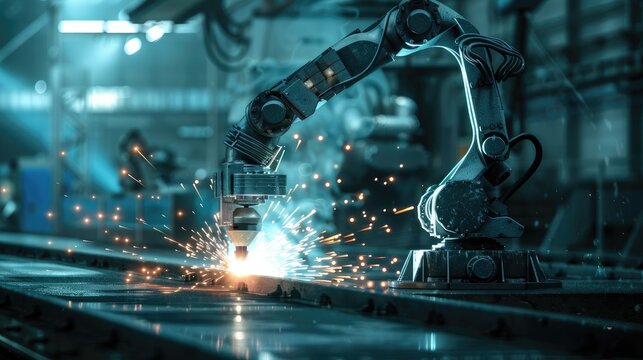 a robotic arm meticulously welds together steel assembly joint connection parts, emitting sparks and intense heat in a manufacturing facility.