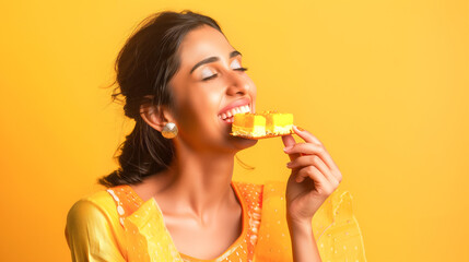 Woman relishing the deliciousness of Mysore Pak