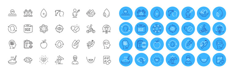 Electronic thermometer, Cyclist and Capsule pill line icons pack. Dumbbell, Coronavirus, Salad web icon. Eye target, Vegetable, Medical mask pictogram. Apple, Social distance, Chin. Vector