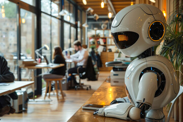 Robot works in an office among people. IT team of the future. The concept of artificial intelligence and people working in the future