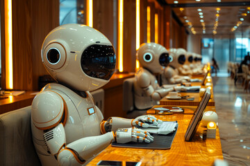A robot works at a computer in an office among people. Call center of the future. The concept of artificial intelligence and people working in the future - obrazy, fototapety, plakaty