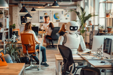 Robot works at computer in an office among people. IT team of the future. The concept of artificial intelligence and people working in the future - obrazy, fototapety, plakaty