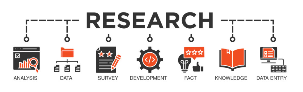 Research banner web icon vector illustration concept with icon of analysis, data, survey, development, fact, knowledge and data entry