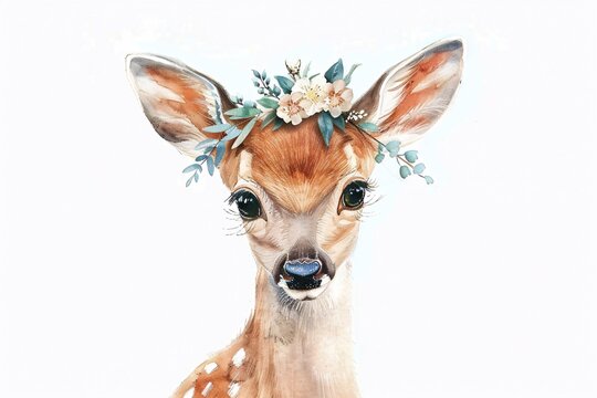 a watercolor of a deer with flowers on its head