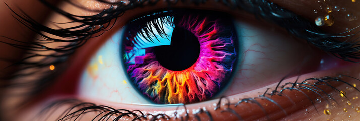 Kaleidoscopic dream: A mesmerizing close-up of a persons eye showcasing a vibrant and multicolored iris in intricate patterns - obrazy, fototapety, plakaty