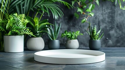 Focus on the empty white round tray in the foreground, with a small number of potted tropical plants as the background, minimalist stage design, elegant and smart