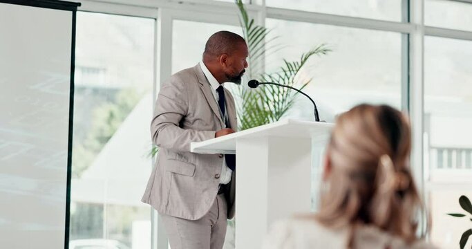 Podium, speaker and business man in conference for training, faq or workshop teaching with audience. corporate, coaching and African male mentor with microphone for presentation, education or event