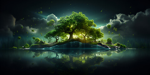 A digital painting island with green leave water closely sky glowing Tree sonars dark background 
