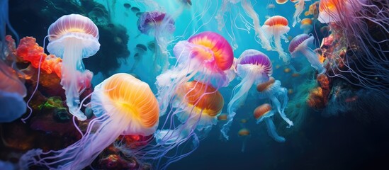 A group of jellyfish gracefully swim through the crystal clear waters of an aquarium, showcasing their mesmerizing movements and unique shapes. - obrazy, fototapety, plakaty