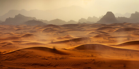 Fototapeta na wymiar Sandstorm in desert. wind and orange sand clouds. Dunes landscape. Generative AI