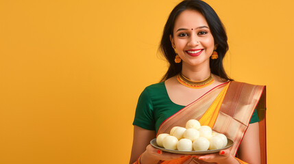 Obraz premium Young beautiful Indian woman in saree presenting a plate of aromatic rasgulla