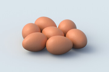 Heap of chicken eggs on gray background. Ingredients for cooking. Organic food. 3d render