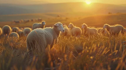 Fotobehang Group of sheep during the sunset © Firuz