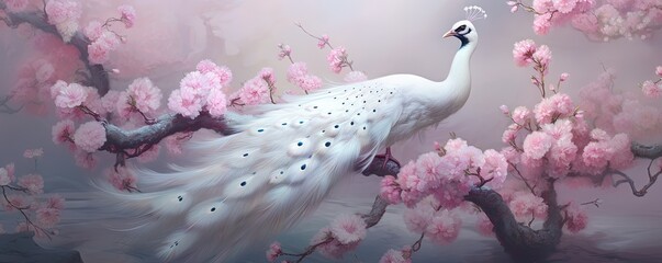 Beautiful white peacock with delicate feathers. Pink cherry blossom tree with ethereal bird.