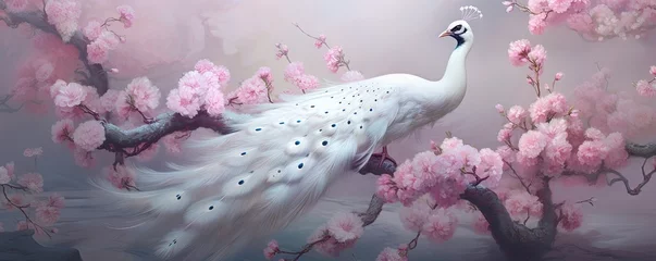 Poster Beautiful white peacock with delicate feathers. Pink cherry blossom tree with ethereal bird. © Coosh448