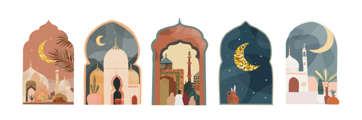 Ramadan Kareem. Eid Mubarak. Vector illustration of Islamic Muslim city, street, mosque, crescent, window, arch for logo, sign or icon. Muted colors