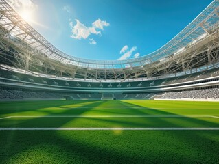 Soccer field in an empty stadium under a blue sky with white clouds
