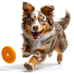 Dog playing with a frisbee isolated on white background, png
