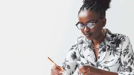 Corporate woman doing work against a white background - obrazy, fototapety, plakaty