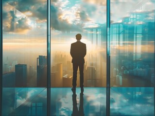 Silhouette of a business person standing by a window in an office building, overlooking the city, capturing the essence of urban work and travel