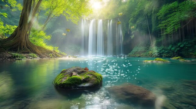 Amazon rainforest misty waterfall and river landscape at vibrant sunlight, video HD