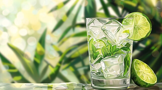 gimlet cocktail, lime wedge, illustrator, 2d vector, chilled glass, light background