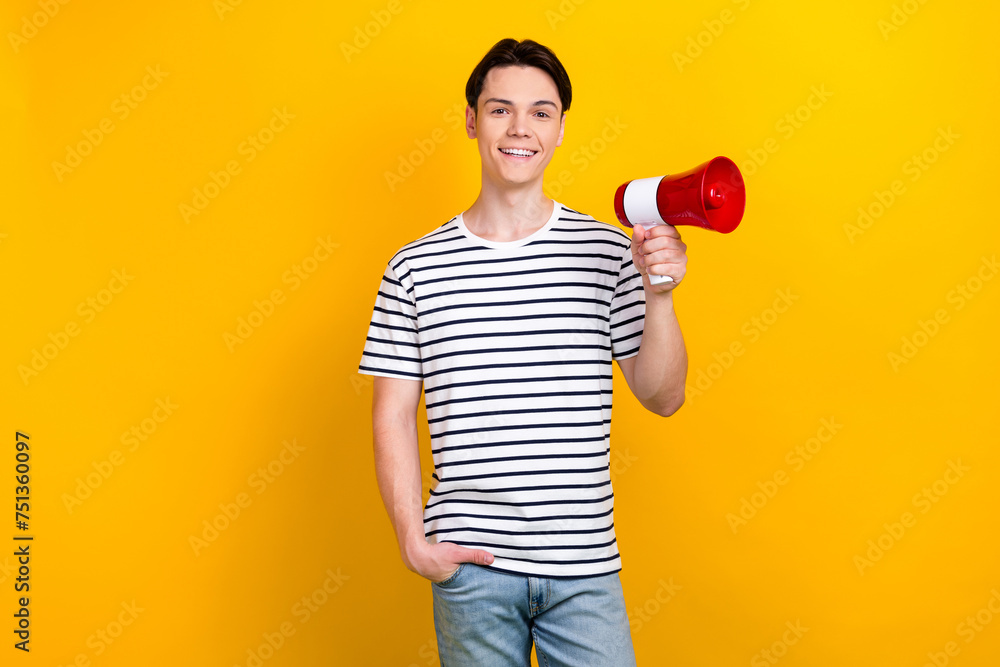 Sticker portrait of good mood student with brunet hair wear stylish t-shirt hold megaphone announcing sale i