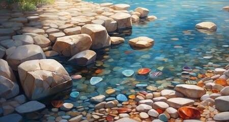 Illustrate a scene of a tranquil riverbed with colorful stones beneath the clear water. Showcase the realistic reflections of the stones on the water's surface-AI Generative - obrazy, fototapety, plakaty