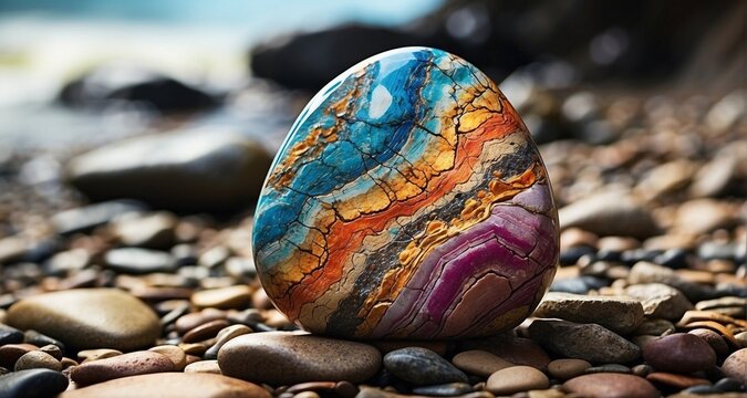 Create a close-up photograph of a single colorful stone, showcasing the intricate details of its surface. Emphasize the realism of the stone's texture, capturing the play of light -AI Generative