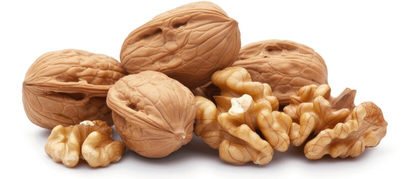 A grouping of whole walnuts is neatly arranged on a plain white background. The walnuts are displayed alongside emptied shells or skins, creating a contrasting image.