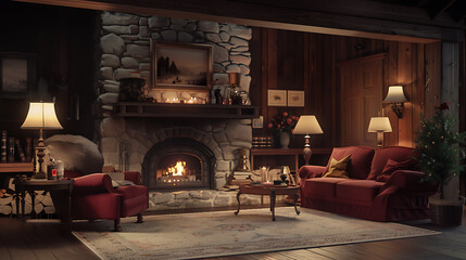 Fototapeta premium Interior of a cozy living room with fireplace and armchairs.