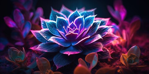 A succulent plant is illuminated with neon light effects, giving the image a captivating, otherworldly aesthetic