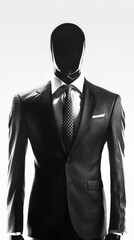 A male mannequin dressed in a formal suit and tie