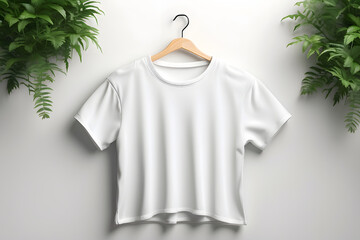 white t-shirt mock-up on a hanger design, flat lay, on a darn white background design, with plants nearby, aerial view.