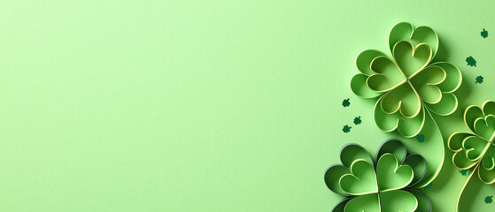 St Patricks day banner design with four leaf clover paper art on green background.