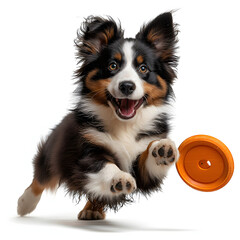 Dog playing with a frisbee isolated on white background, cinematic, png
