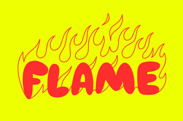 Outline image of the word “FLAME” stylized to look like it’s on fire. Neon sign. Vector image.